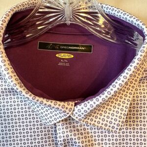 Greg Norman Texport Polo Shirt Mens XL Purple White PlayDry Geometric Golf